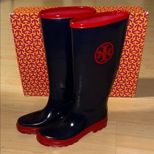 Vintage Tory Burch Navy Red Classic Logo Rain Boots